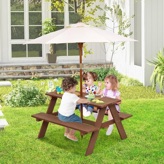 Outdoor Wooden Bench Set w/Removable Umbrella, Children Backyard Furniture for Patio Garden, Toddler Picnic Table for Outdoors, Gift for Boys Girls, Walnut