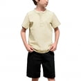 thumbnail image 3 of oelaio Boy's 2 Pieces Clothes Set Cotton Linen Summer Beach Outfits Short Sleeve Henley Shirts and Shorts Vacation Sets for Kids Beige 5 Years, 3 of 5