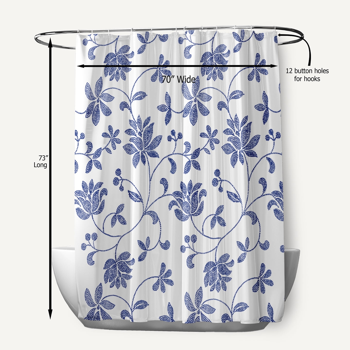 Simply Daisy 70" W x 73" L Traditional Floral Polyester Shower Curtain, Porcelain Blue [1 Ct]