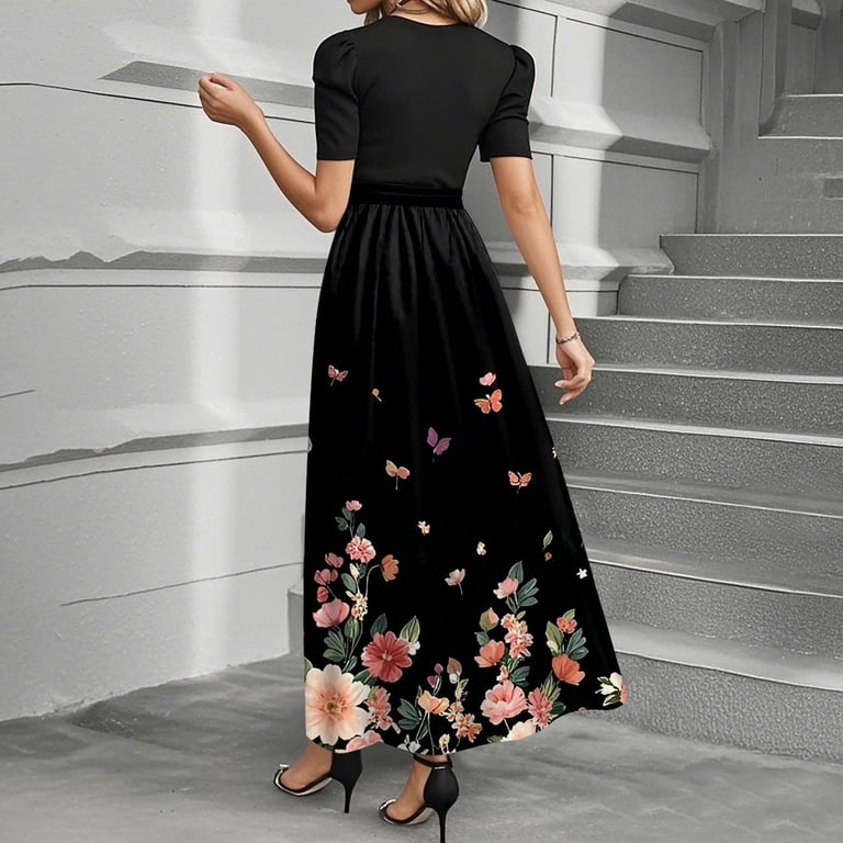 TQWQT Women's Casual Dresses Short Sleeve Teacher Dress Modest Maxi Dresses  Floral Print Tie Waist Long Patchwork Ruffle Hem A Line Dresses Wedding  Guest Funeral Outfit Yellow XL - Walmart.com