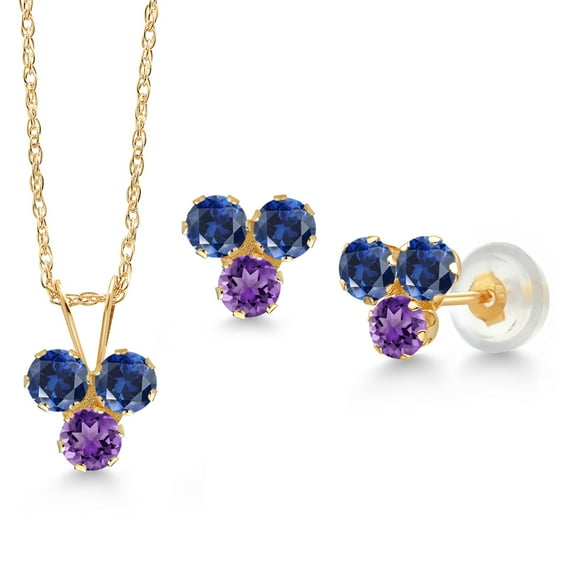 Gem Stone King 14K Yellow Gold Blue Created Sapphire and Purple Amethyst 3 Stone Pendant and Earrings Jewelry Set for Women (1.14 Cttw, Round 3MM, with 18 inch Chain)