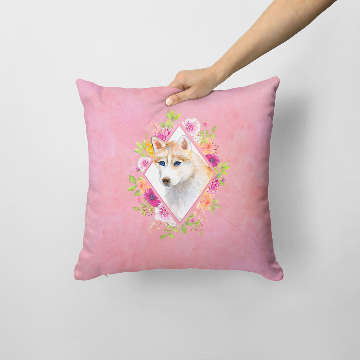 Carolines Treasures CK4148PW1414 Red Siberian Husky Pink Flowers Fabric Decorative Pillow 14Hx14W multicolor