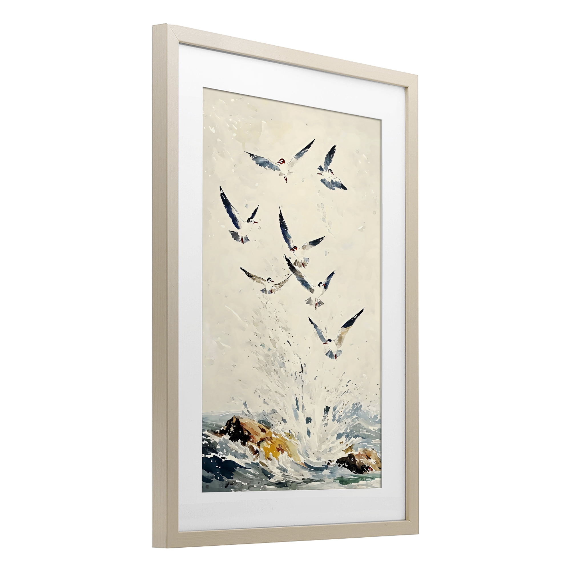 Stupell Industries Waves of Seagulls over Rocks Birch Framed Print Under Glass, design by Creative Studio