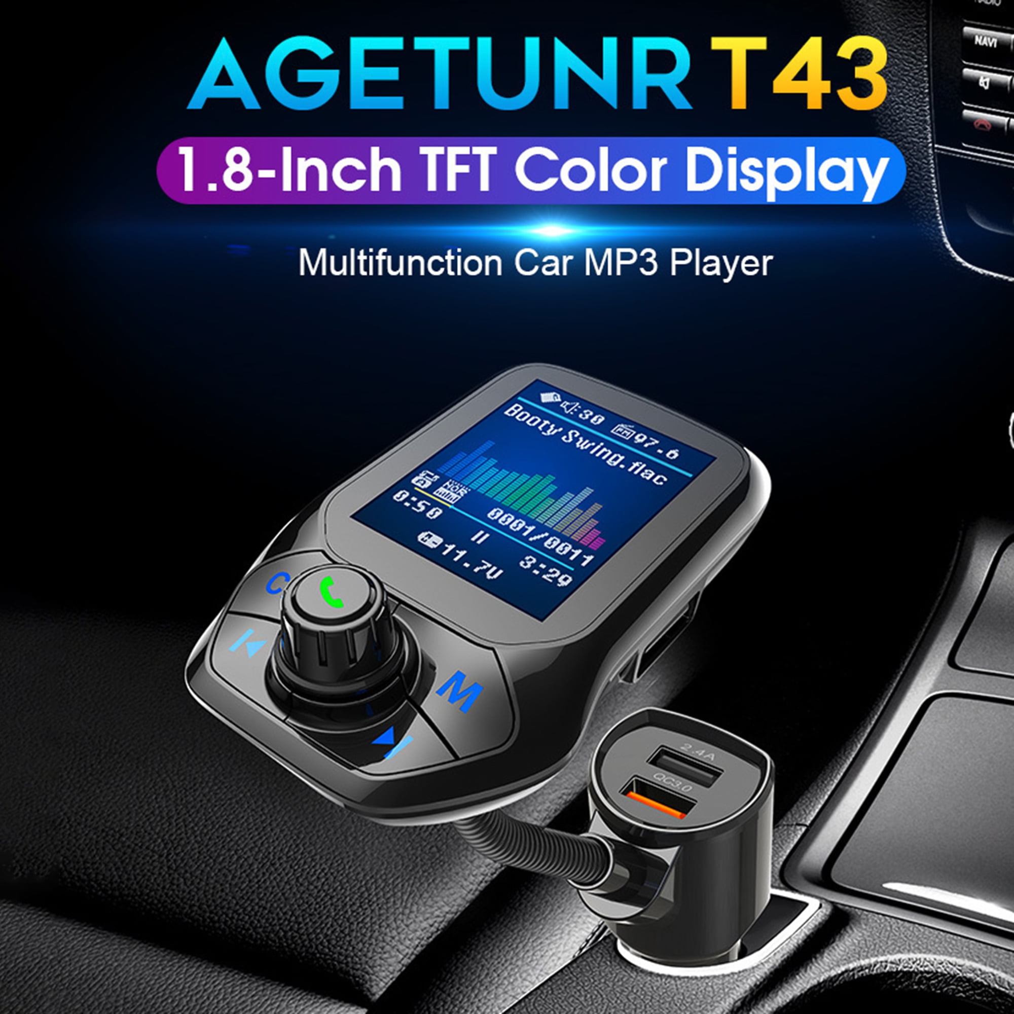 Bluetooth FM Transmitter Radio Adapter HandsFree Calling Charger 3 USB Charging Ports Car Kit Wireless in-Car Receiver Stereo Radio Adapter Music MP3 Player TF Card for Smartphone Samsung Galaxy LG 