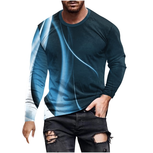Blusas y camisas de manga larga con cuello redondo para hombre, blusa informal de manga larga con cuello redondo y estampado de rayas, blusa de poliéster para hombre