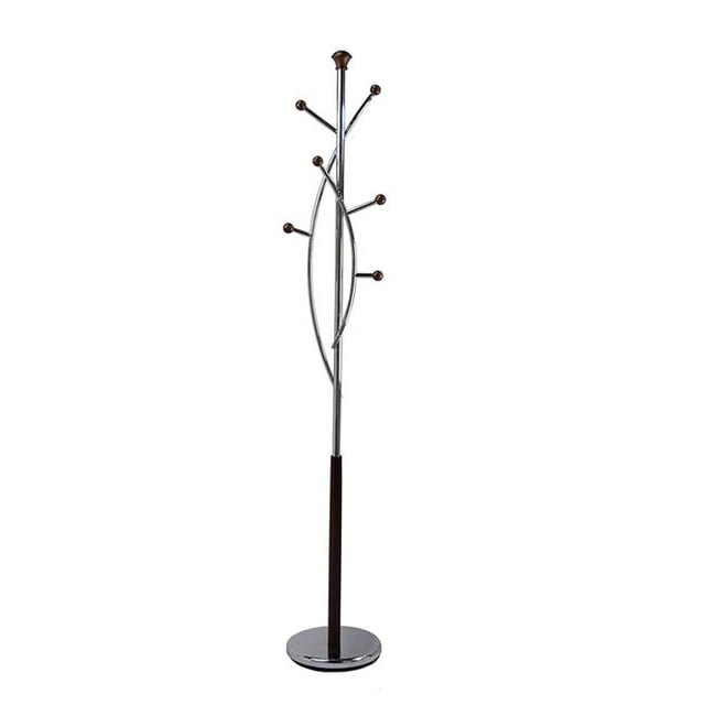 Portemanteau Arbre Argenté, Finition Chrome et Noyer