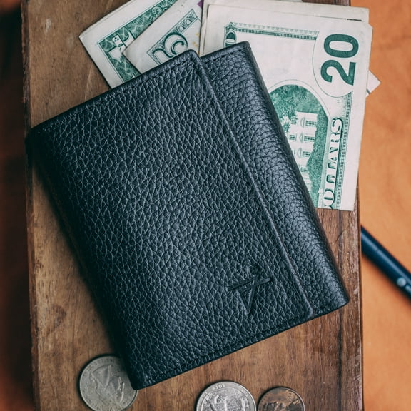 RFID Trifold Wallet for Men Black Real Leather Wallet Thumb Window ID with Key Holder inside