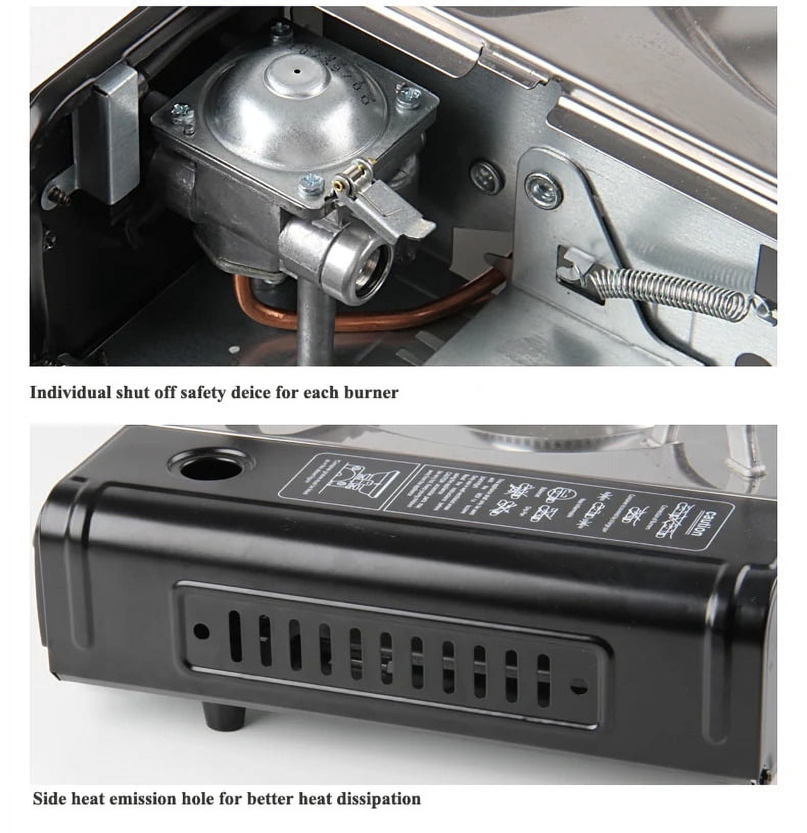 2 Burner Portable Gas Stove Dual-use Outdoor Camping Gas Cooker BBQ Grill Tabletop Cassette Stove with Baking Plate 62.8*28*12cm