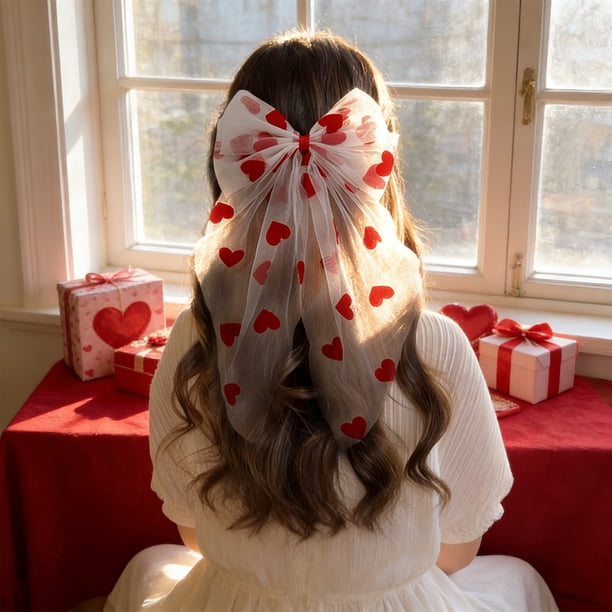 Pinza para el cabello con lazo doble de cerezas y corazón de encaje con cinta larga en la parte posterior, accesorio para el cabello, pinza para el cabello para el día de San Valentín, lazo de encaje