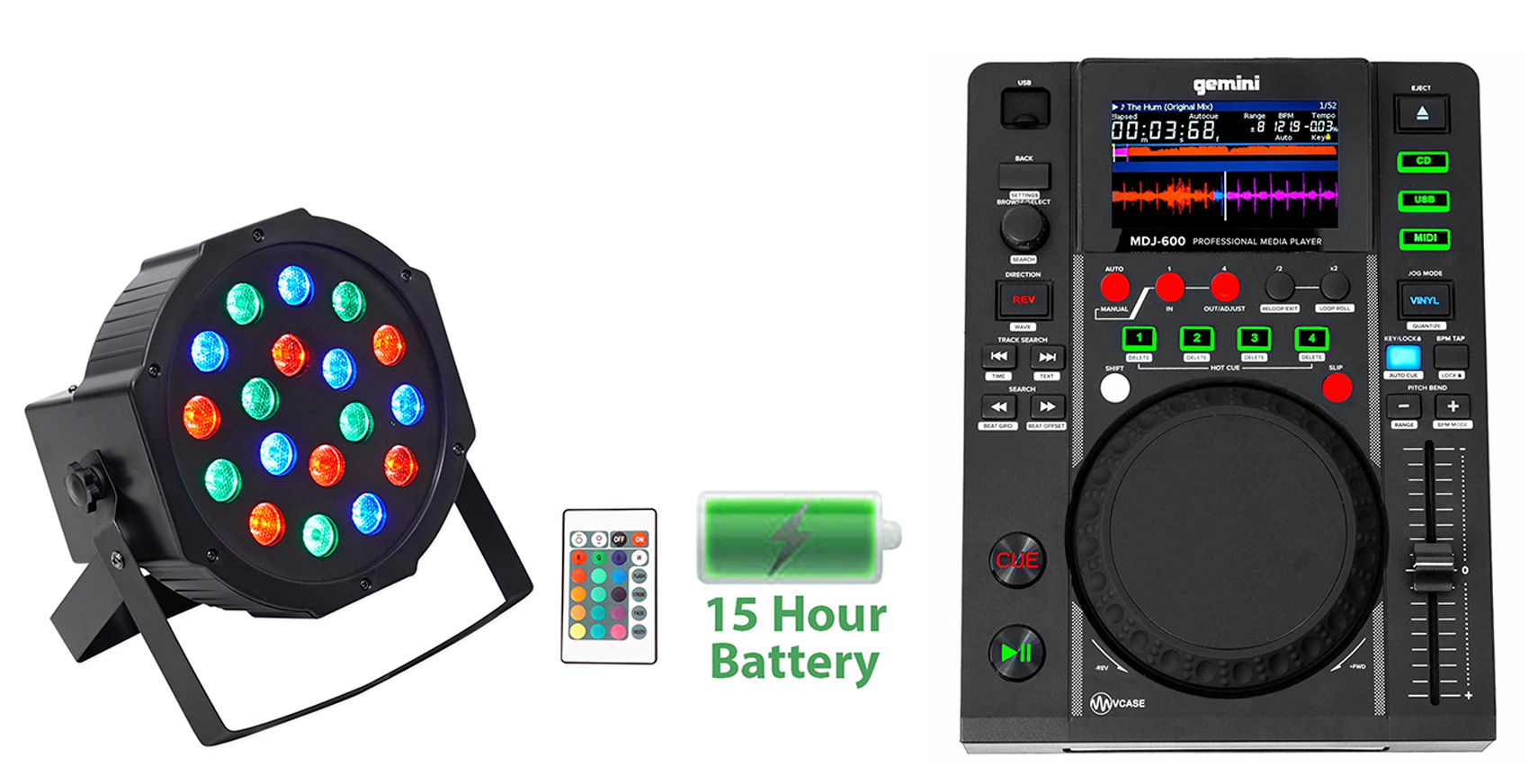 Gemini MDJ600 USB/CD Media Player DJ MIDI Controller+Battery Par Light