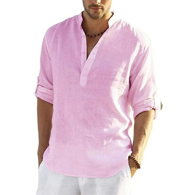 Chemise Homme en Lin à Manches Longues Couleur Unie Chemise Décontractée Coton
