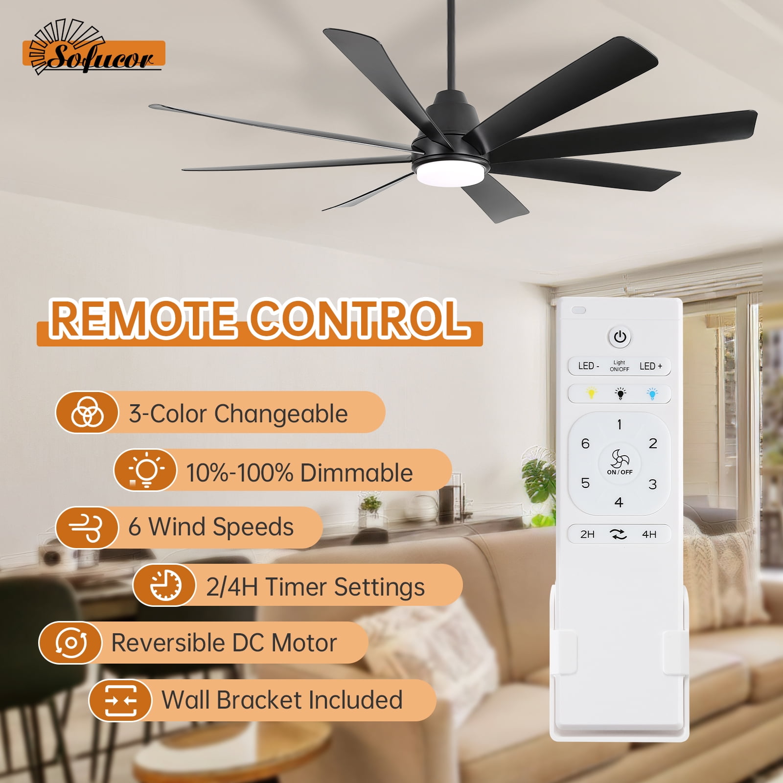 Sofucor 72 Inch Large Industrial Ceiling Fan with Light, Smart Fan with Remote & APP Control, Compatible with Alexa Google, Solid Wood 8 Blade, 3 Downrod