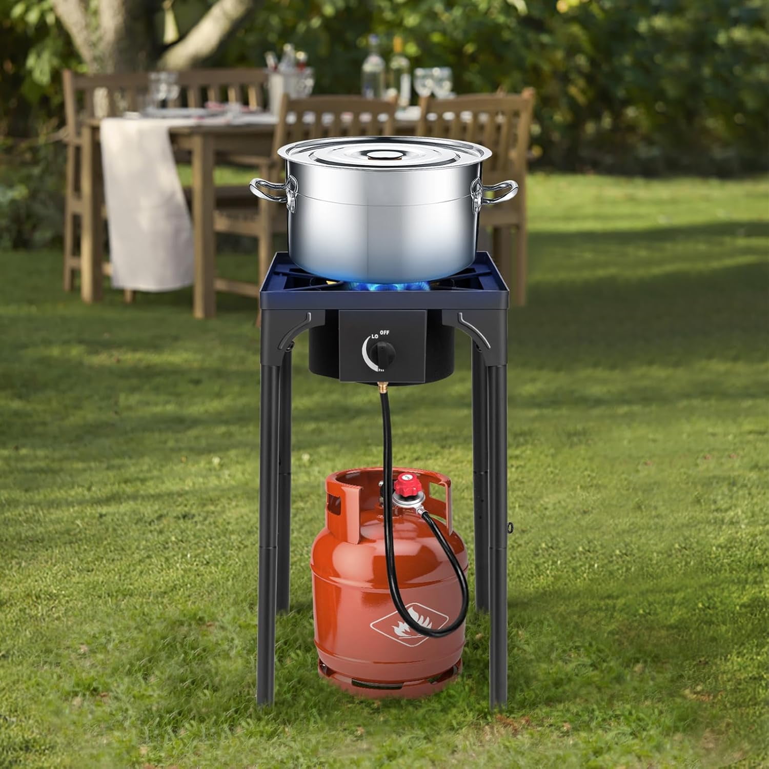 1 Burner Propane Gas Stove for Outdoor Cooking, 75,000 BTU Camping Cooker with Removable Legs, Temperature Control Knobs for Backyard Cooking, BBQ, Baking and Frying(Single Burner)