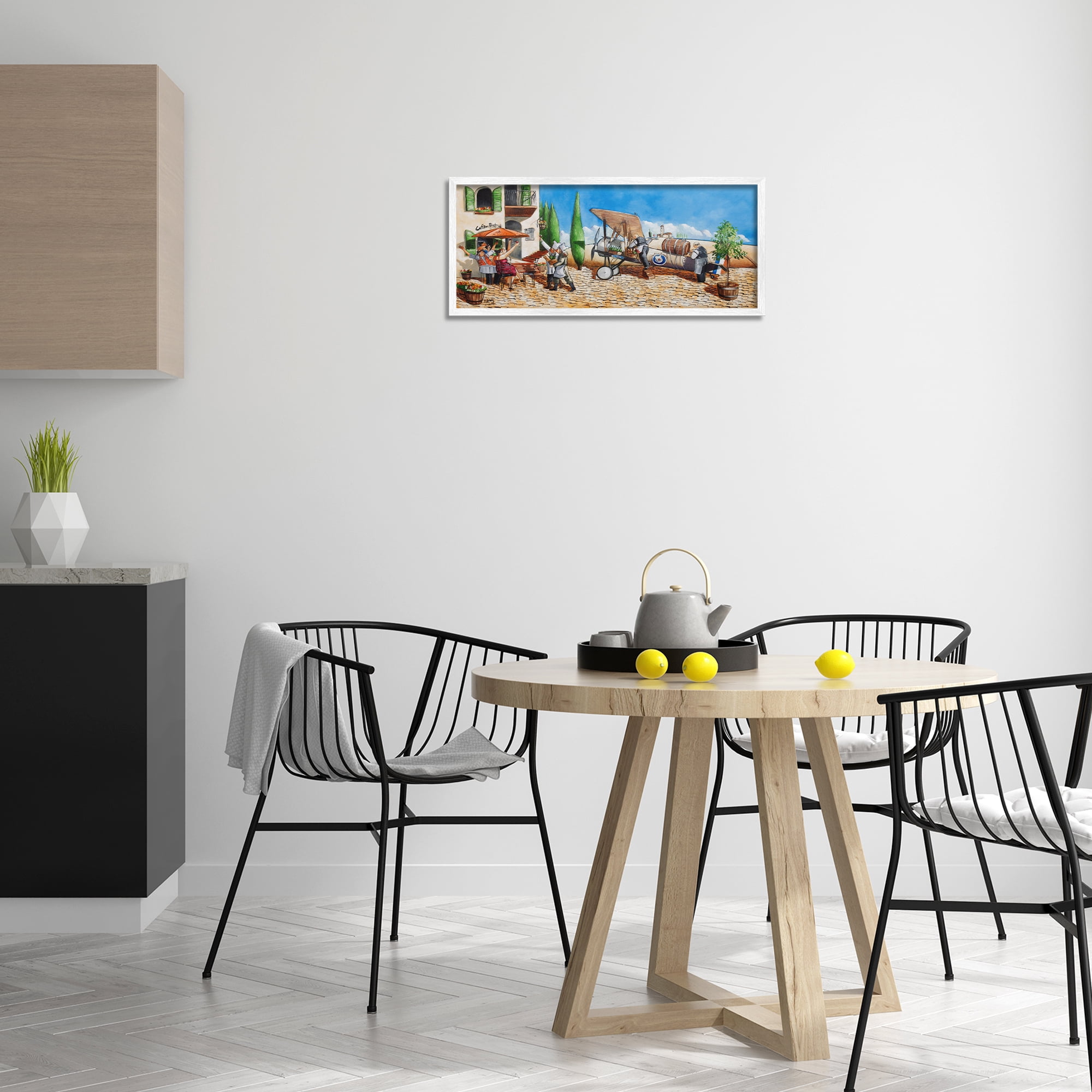 Stupell Industries Café & Airplane Scene Scenery Painting White Framed Art Print Wall Art, 24 x 10