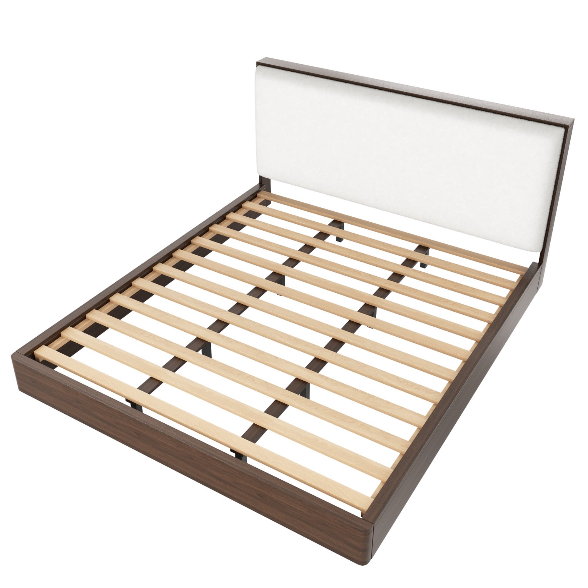 Euroco Wood King Size Platform Bed with Bouclé Upholstered Headboard, No Box Spring Needed, Walnut