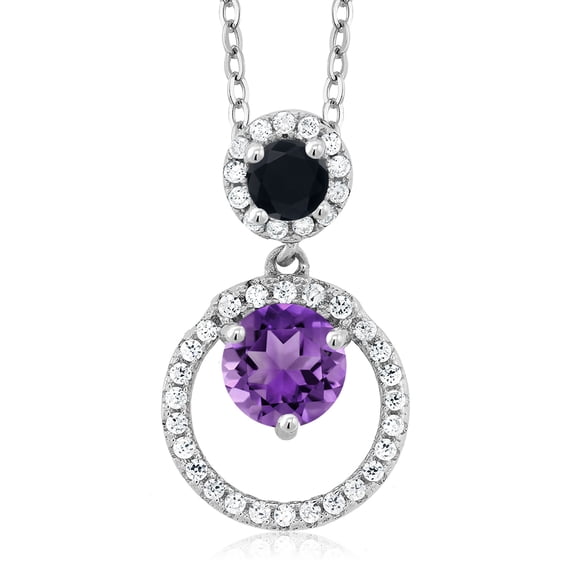 Gem Stone King 925 Sterling Silver Purple Amethyst and Black Onyx Pendant Necklace for Women (1.82 Cttw, Gemstone February Birthstone, Round 6MM and 4MM)