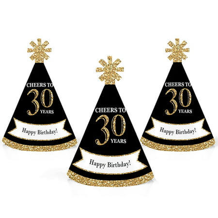 Adult 30th Birthday - Gold - Mini Cone Birthday Party Hats - Small Little Party Hats - Set of 10