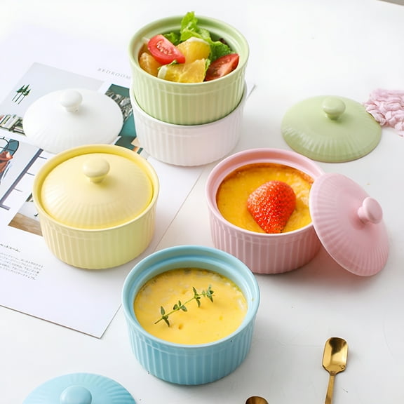 ACDANC 2026 New Ceramic Bowl with Lid Ceramic Ramekins Ceramic Small Baking Bowl Pudding Cup Oven Usable Dessert Bowl Pot Tableware Baking Cup,For Baking,Desserts,Puddings,Kitchen,Home Use,Parties