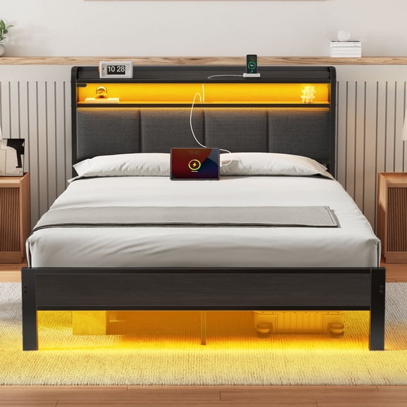 Greenstell Full Size Bed Frame with Storage Headboard, Upholstered Bed with Charging Station,Dark Grey