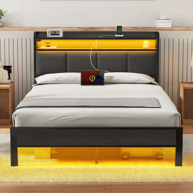 Greenstell Lit Double avec Tête de Lit de Rangement, Lit Rembourré avec Station de Recharge, Gris Foncé
