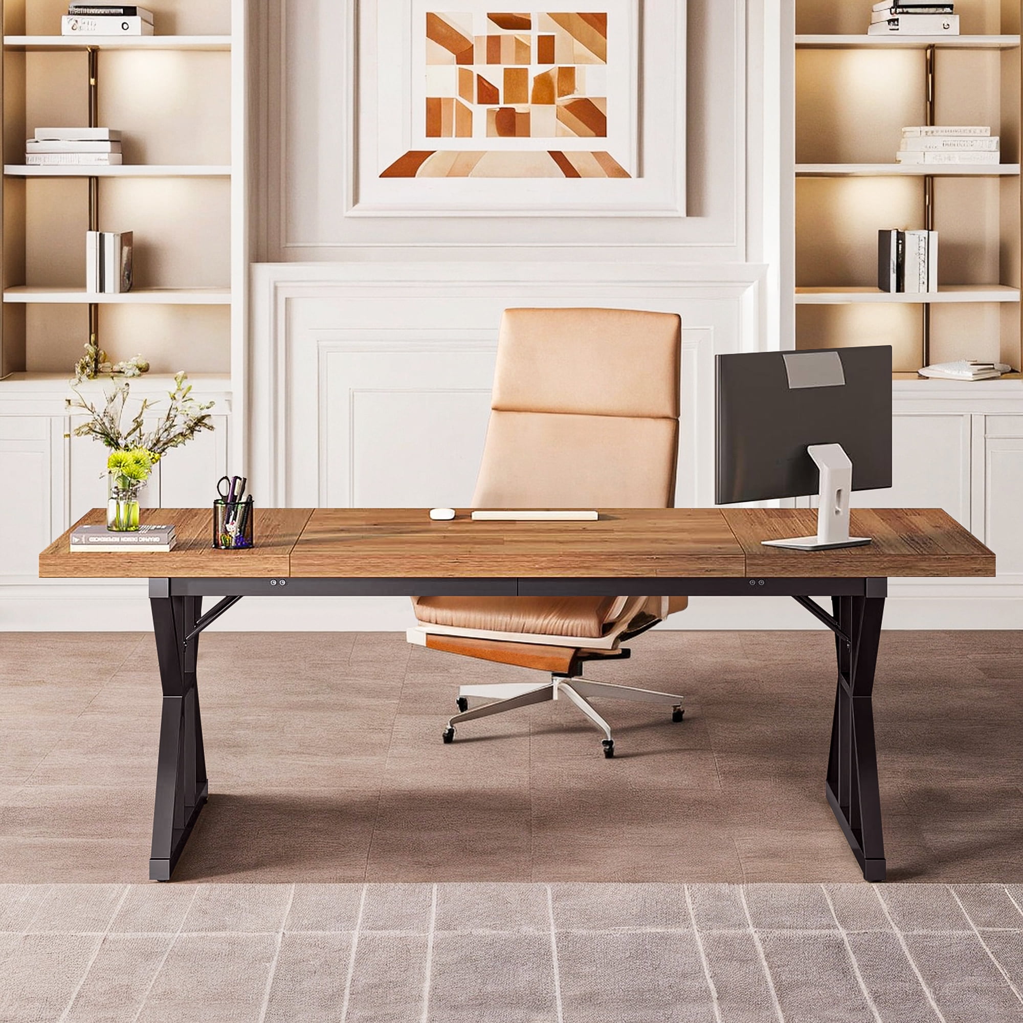 Demi Bonn 71" Farmhouse Dining Table, Wood Rustic Kitchen Table for 6 People, Large Rectangular Dinner Table for Dining Room, Home Office, Living Room Furniture, Walnut & Black