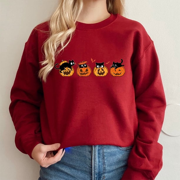 Sudadera con capucha con estampado de gato negro y calabaza, camiseta de manga larga Unisex