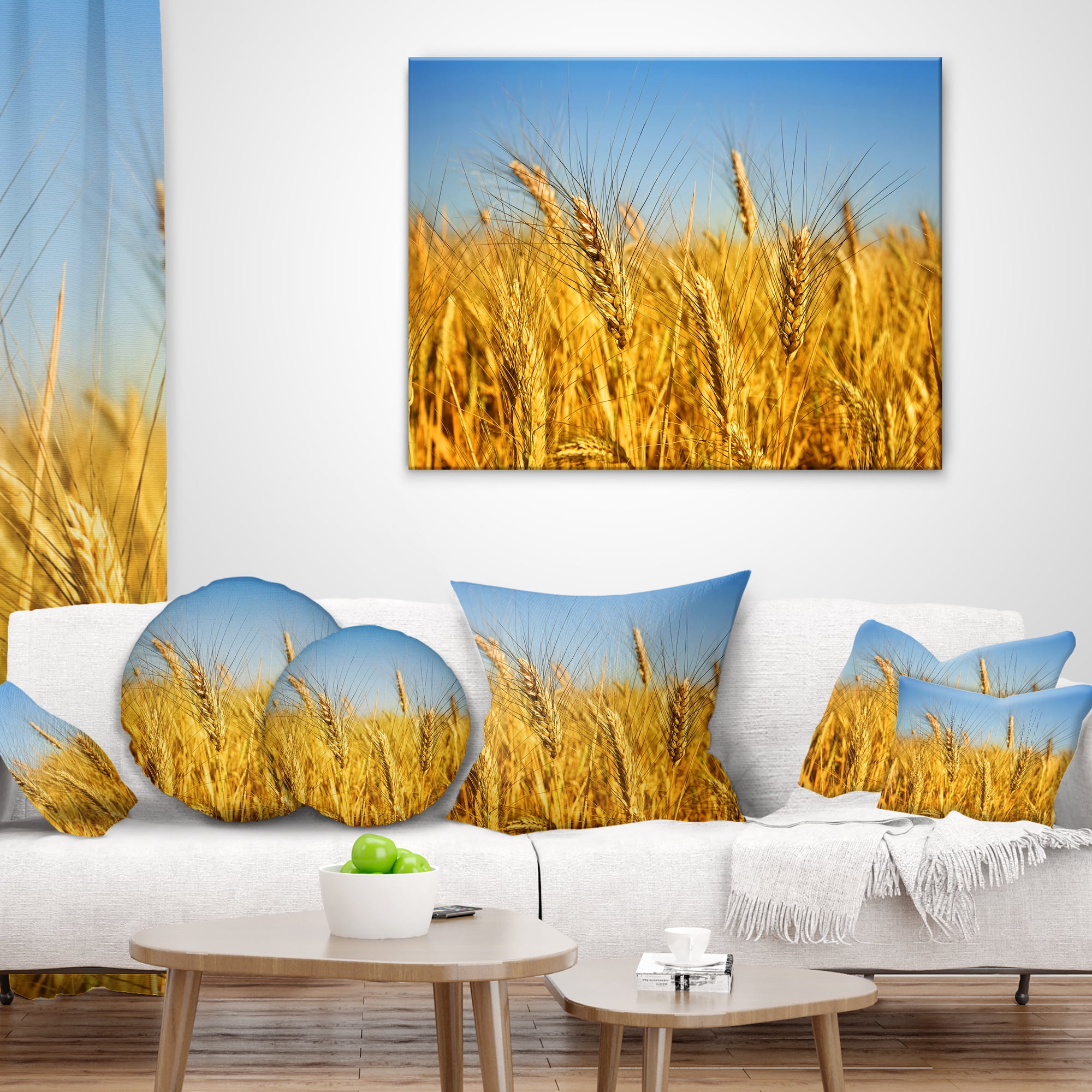 Designart Bright Golden Wheat Field - Landscape Printed Throw Pillow - 16x16