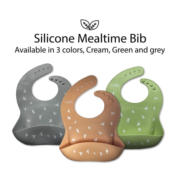 Silicone Baby Bib, 3 Pack, Green grey and light orange