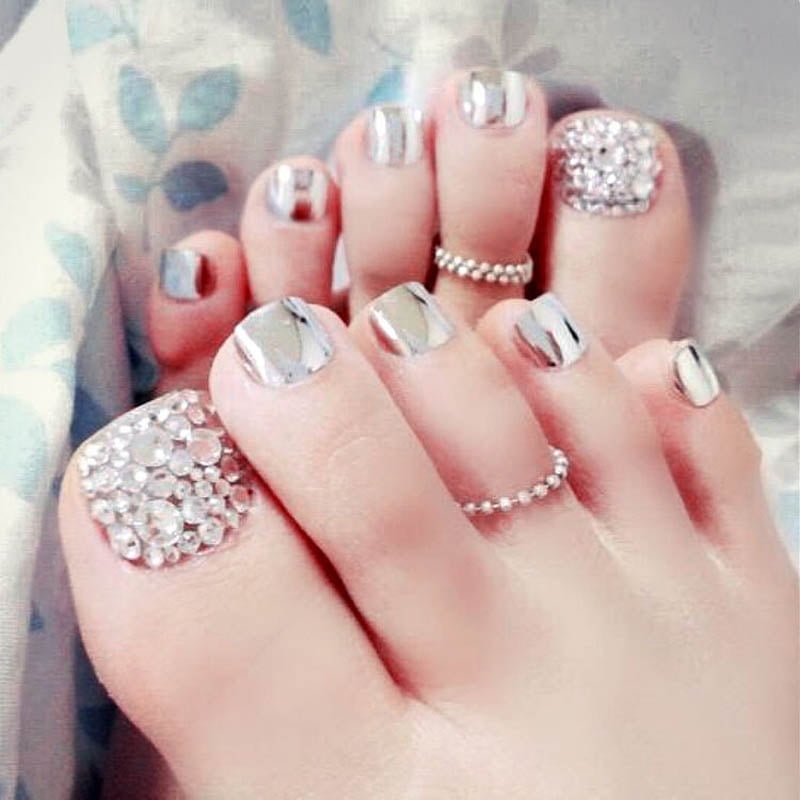 Lzndeal 24 Pcs Set Fashion Foot False Nail Tips Toe Art Tool Glitter Rhinestone Women Ladies Fake Toes Nails With Glue Walmart Com