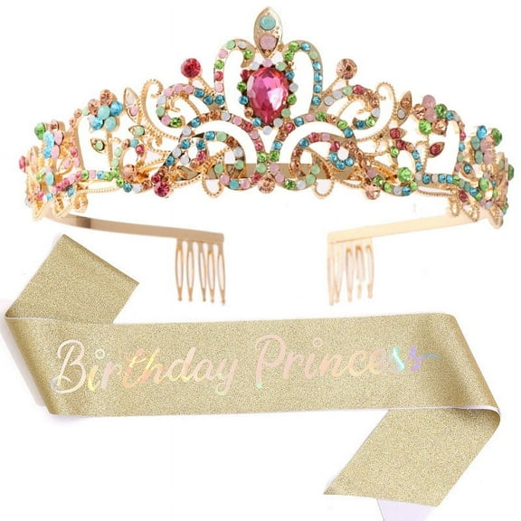 Birthday Tiaras for Women Sash and Tiara for Women Sashes and Crowns for Girls with Comb Glitter Crystal Rhinestone Gift Kit - Multicolor