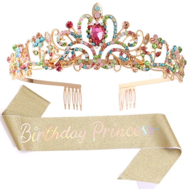 Kit de tiara y banda de cristal, coronas de cumpleaños para mujer, conjunto de decoraciones de cumpleaños, diadema con diamantes de imitación