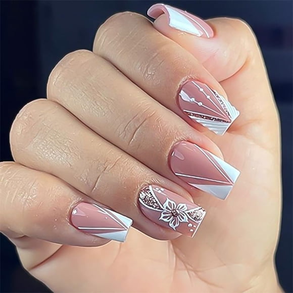 Press on Nails Uñas postizas cuadradas Uñas postizas cortas medianas Pegamento brillante en uñas para mujeres (Style39 Normal)