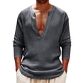 thumbnail image 2 of Ceisia Men's Solid Color V-Neck Long Sleeve Casual Shirt Loose Breathable Summer Top Dark Gray XL Gifts, 2 of 9