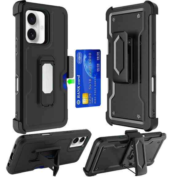 TJS for iPhone 16 Plus Phone Case, Belt Clip Card Slot Holster with Magnetic Support Kickstand Military Grade Heavy Duty Shockproof Rugged Detachable Cover (Black)