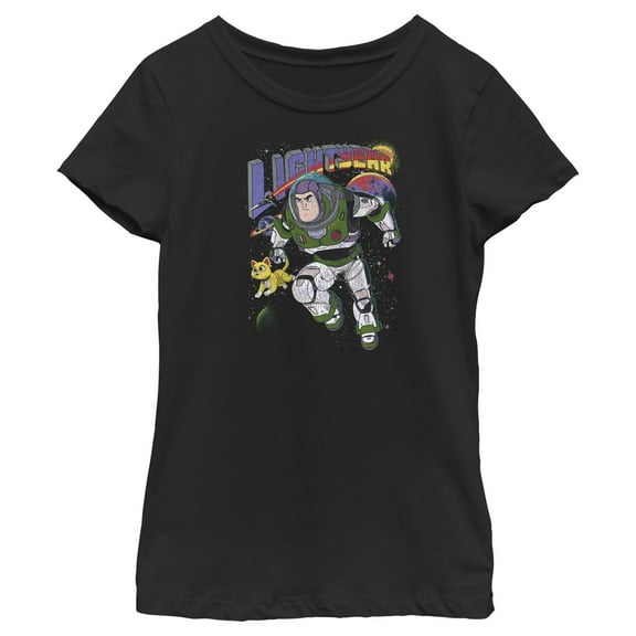 Girl's Lightyear Retro Distressed Buzz and Sox  Graphic Tee Black Medium