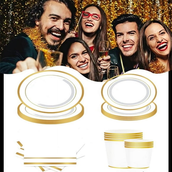 Dvkptbk Party Theme Paper Set of 4 Tissue Paper Cups Paper Plates Party Disposable Decoration Supplies Gold Flatware Home Decor