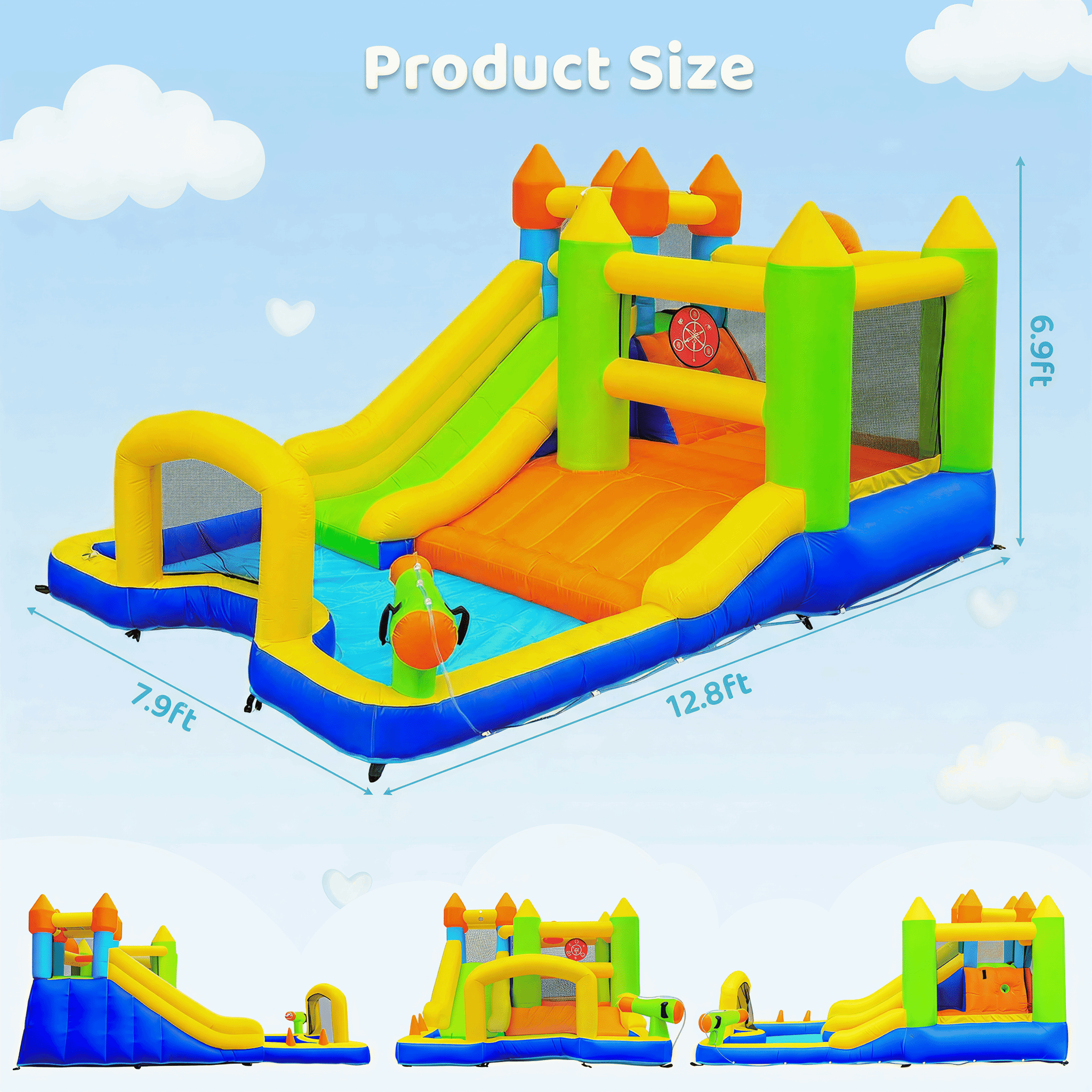 TLSUNNY Inflatable Bounce House for Kids , W/ Water Slides, Climbing Wall, Splash Pool, Soccer Goal, Water Cannon, Bounce Castle for Outdoor Backyard Party
