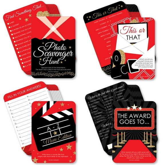 Big Dot of Happiness Red Carpet - 4 Movie Night Party Games - 10 Cards Each - Gamerific Bundle