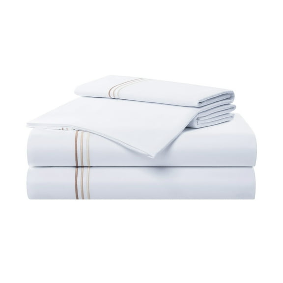 Aston & Arden Sateen 4-Piece Sheet Set (Twin Bed Size), Luxury 600 Thread Count, Silky Sateen Cotton, Pristine White with Fine Baratta Embroidered 3-Stripe Hem, Fawn Beige
