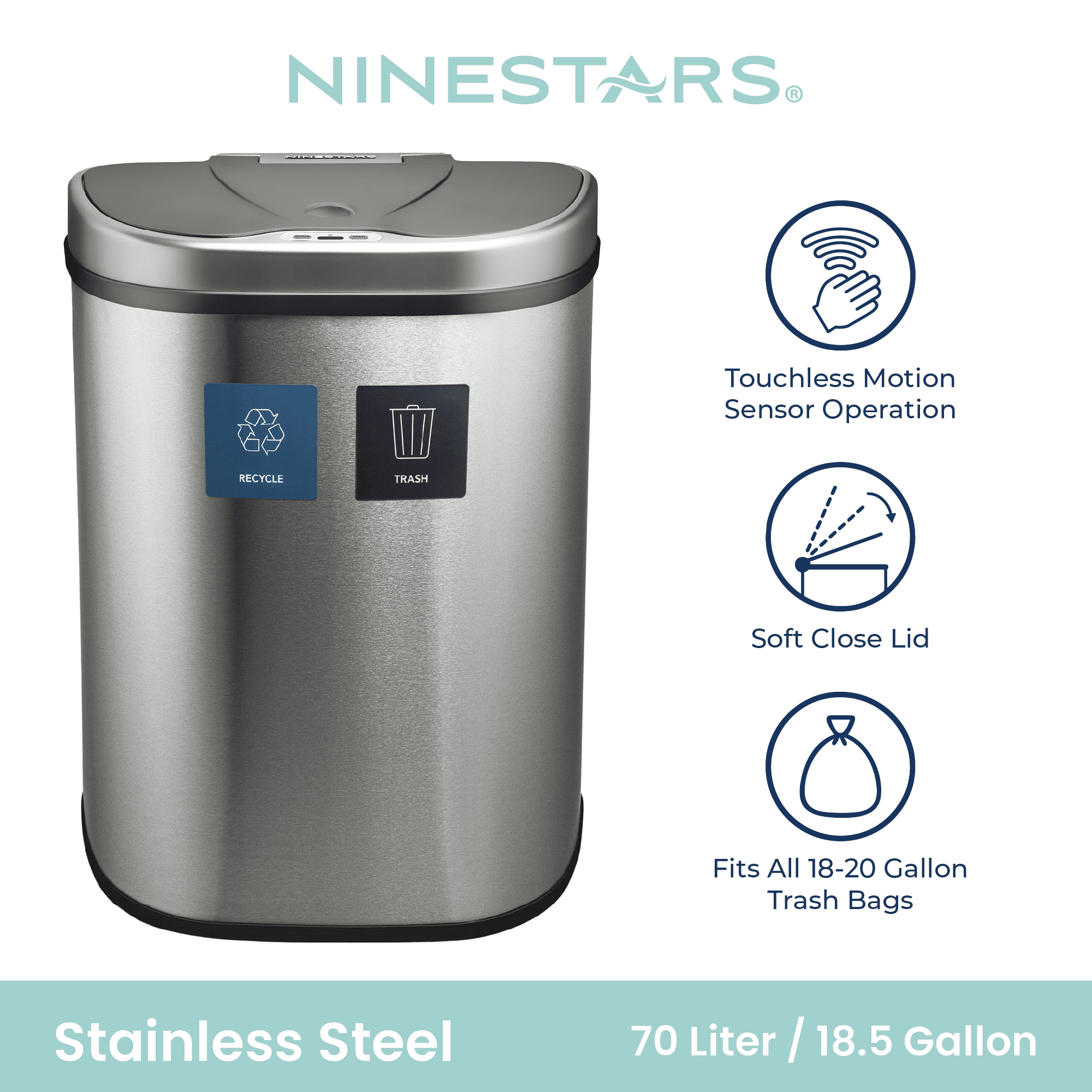 Nine Stars Automatic Kitchen Trash Can, 18 Gallon Stainless Steel Recycle Garbage Bin with Soft Close Lid, Silver