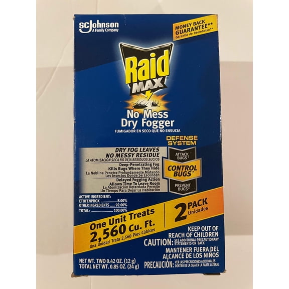SC Johnson Raid Max No Mess Dry Fogger Roaches Bugs Ants Beetles Crickets Flies Mosquitoes Ticks Waterbugs (One Unit Treats 2,560 Cu Ft) 2-Units