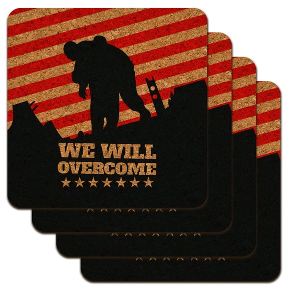 We Will Overcome USA Soldiers First Responders Police Firefighter America Low Profile Novelty Cork Coaster Set