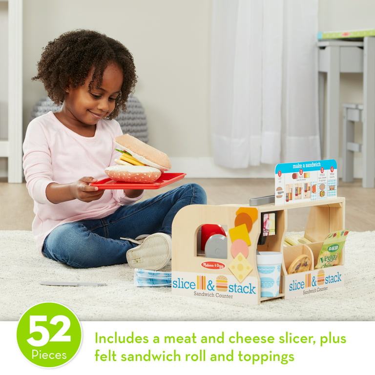 Melissa & Doug Wooden Slice & Stack Sandwich Counter with Deli Slicer –  56-Piece Pretend Play Food Pieces - FSC-Certified Materials