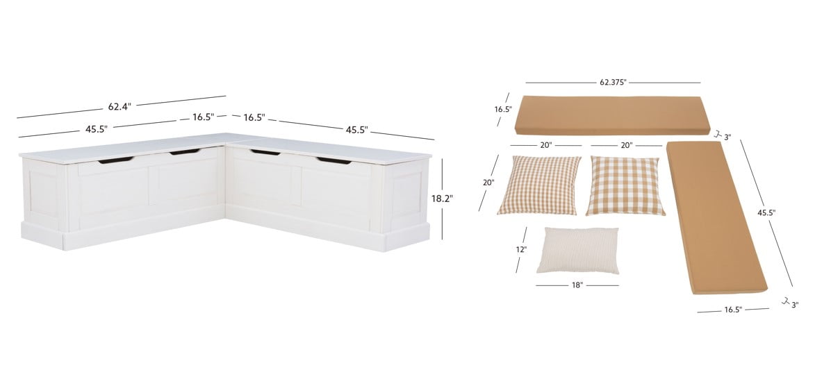 Linon Romero Backless Corner Nook with Storage, 5-Piece Cushion Set, White/Beige