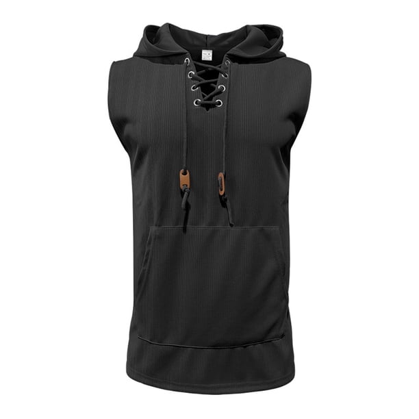 Chaleco sin mangas con capucha de punto jacquard informal para hombre - Diseño con cordones, poliéster/spandex, para hacer ejercicio y para el uso diario