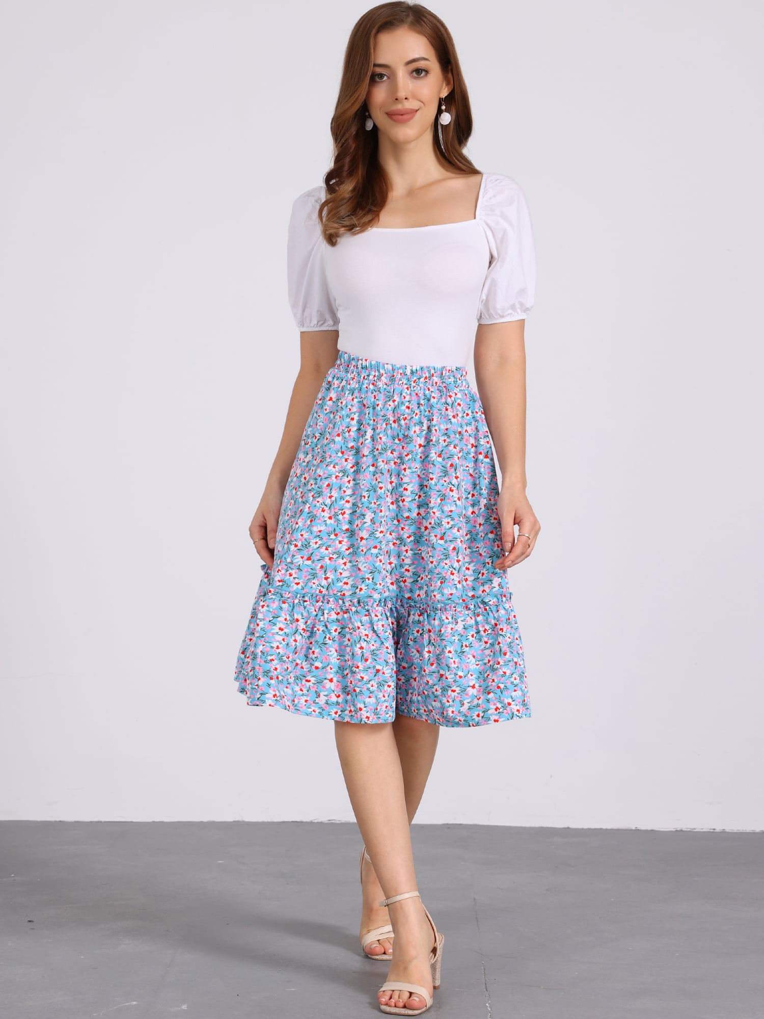 DARING DIVA Women's Knee Length Floral Elastic Waist Tiered Ruffle Skirt S Sky Blue
