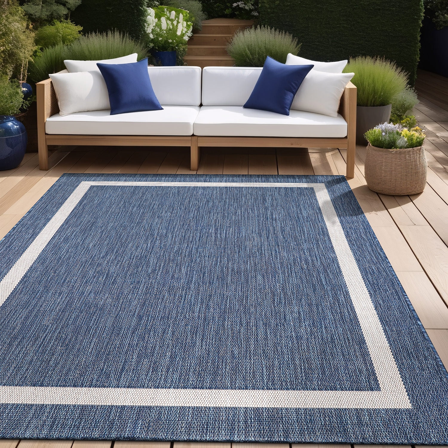 Beverly Rug Indoor/Outdoor Area Rugs, Bordered Patio Porch Garden Carpet, Blue and White, 8'x10'