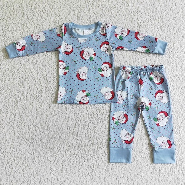 Venta al por mayor de ropa de dormir para niños pequeños de Navidad de Papá Noel, conjunto de manga larga para niños, pantalones de puntos azules, traje para chico, pijamas infantiles