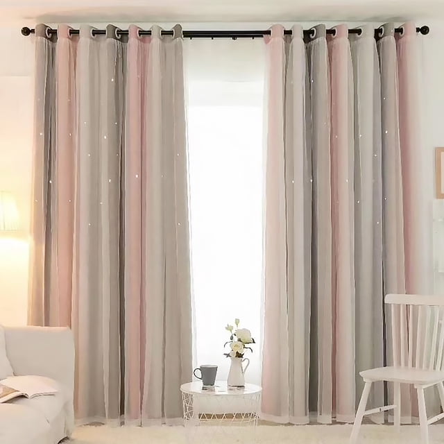 Cortina de ventana de doble capa con diseño de estrella hueca, cortina de transmisión de luz de gasa, cortina de bloqueo de luz, tipo de gancho de 1x2,5 m sidaley HA6725-04B