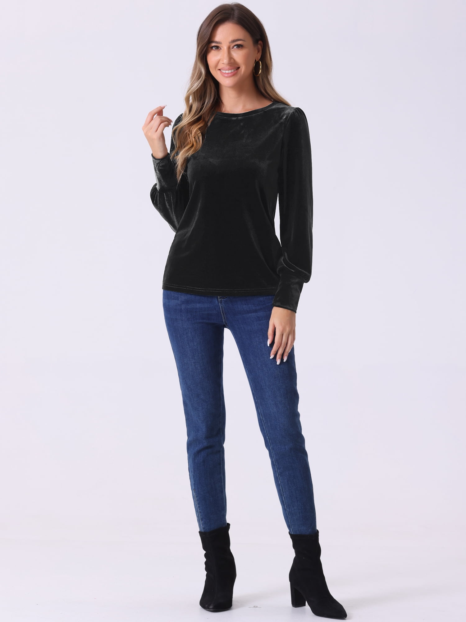 DARING DIVA Women's Velvet Crew Neck Puff Long Sleeve Blouses M Black